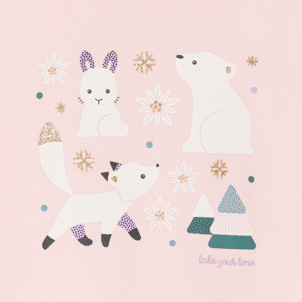 تيشيرت برقبة عالية بطبعة حيوانات باللون الوردي للفتيات الصغيرات